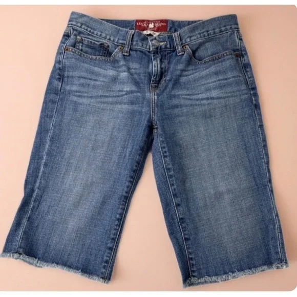 Lucky Brand Abbey Bermuda Shorts Women 6 28 Blue Denim Embroidered Frayed Hem - Picture 14 of 16